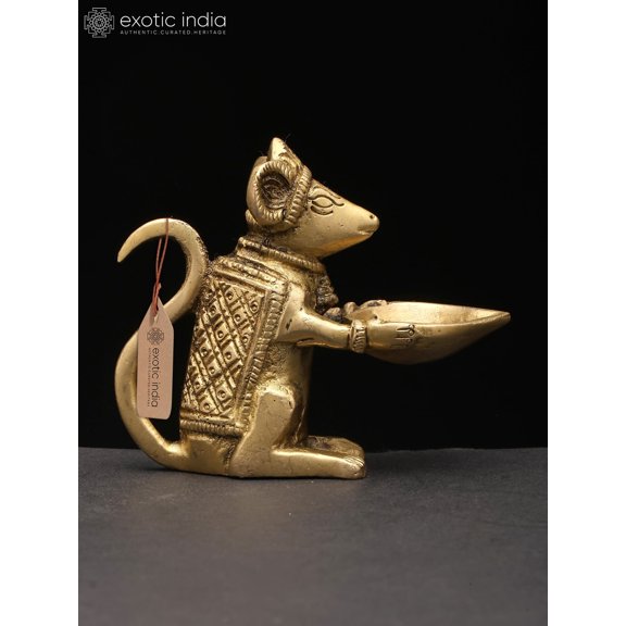 Ganesha Rat with Lamp - Small Brass Mouse Moushak
