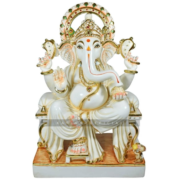 Ganesha Statue Murti, Large 18 inches Gold Leaf Work Ganpati Figurine, White Marble Ganapati Idol Vinayak Deity, Big White Elephant Head God, Living Room Decoration Housewarming Gifts Sculpture