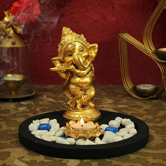 Ganesha Statue Playing Bansuri with with Wooden Flower Tealight Candle Holder Colorful Stones and Wooden Base - Decoration Items for Home Gifts Set