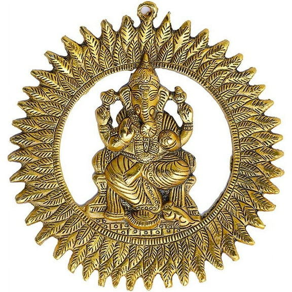 Ganesha Wall Hanging Metal Ganesh with Sun Statue Sculpture Idol Indian wall Décor Antique Ganpati Under Sun Statue for Home Entrance temple décor and gifting Puja Decorations (Size :- 8")