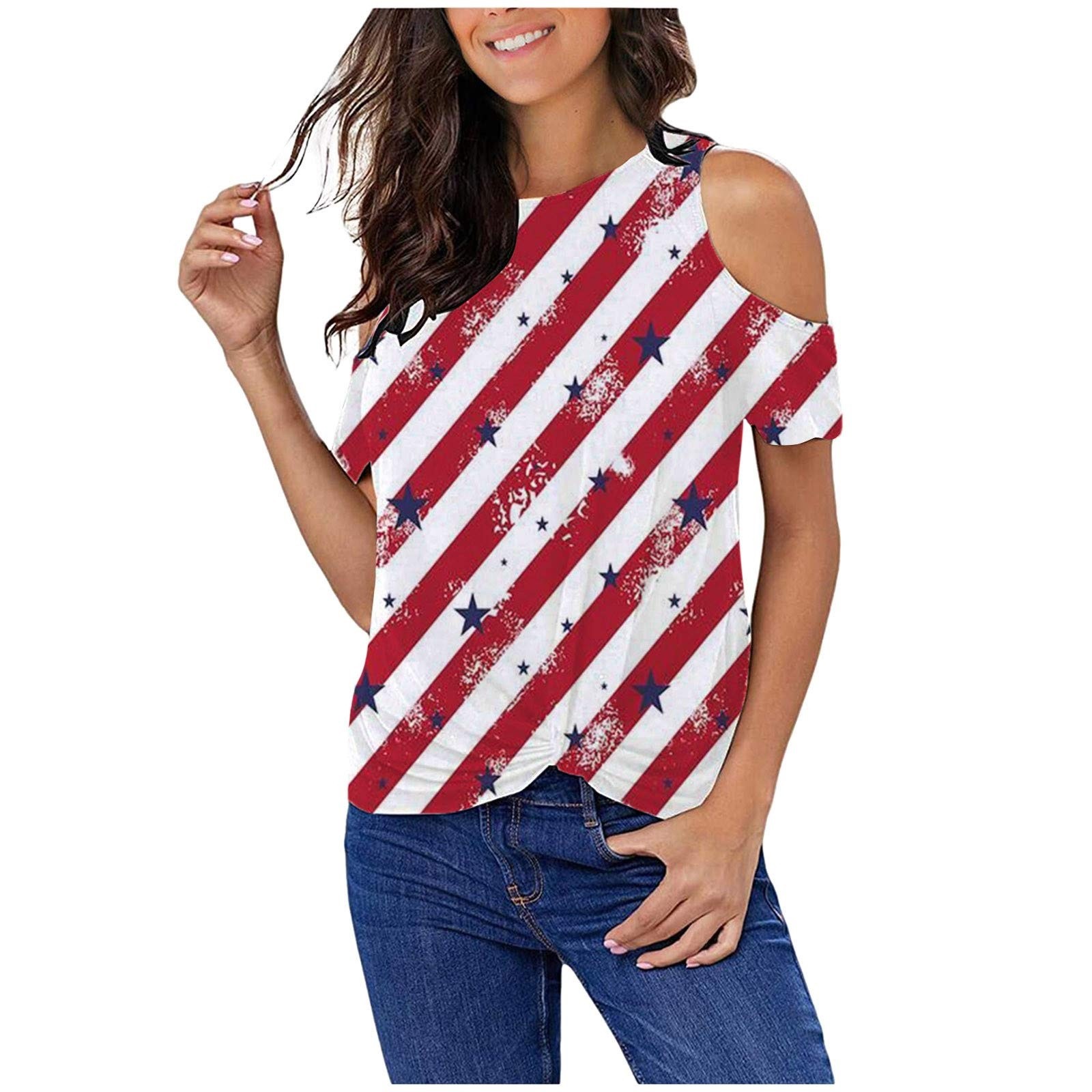 Ganfancp 4th of July Shirts for Women Cold Shoulder Tops Off the ...