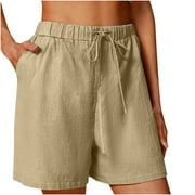 EDHITNR Cotton Linen Shorts for Women, Elastic Wide Leg Solid Color Workout Sets for Women, Warehouse Deals Sale Khaki XXL