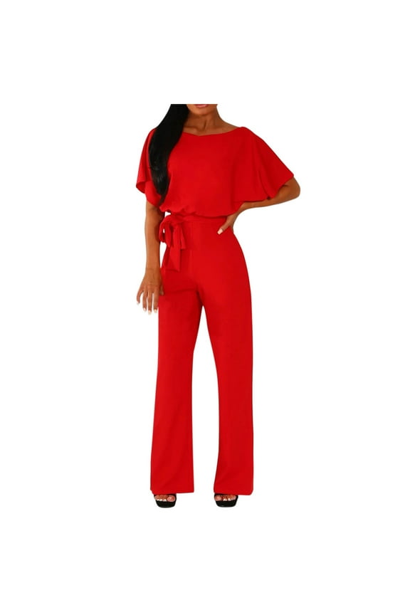 Jumpsuit for Women Womens One Piece Jumpsuit Outfit Fashion Womens Rounk Neck Solid Summer Bandag Short Sleeve Pants Jumpsuit Red M