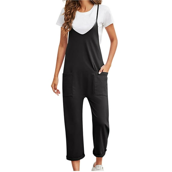 Ganfancp Jumpsuits for Women Summer Jumpsuit Fashion Women Casual Cold Shoulder Jumpsuit Solid Suspender Jumpsuits Wide Pocket Leg Pant Black S
