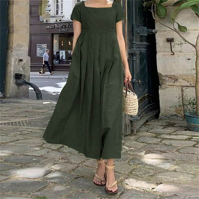 Cyber_Monday Deals! Ganfancp Sundress Shift Square Neckline Short Sleeve Boho Dresses Plus Size Summer Dresses Slim Fit Cotton Simple Solid for Beach Army Green L Clearance