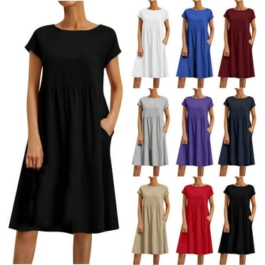 Ganfancp Sundresses for Women 2024 A-Line Crew Neck Short Sleeve Fit and Flare Dresses Summer Dresses for Women Loose Fit Cotton Trendy Solid for Outdoor Black M Clearance Items