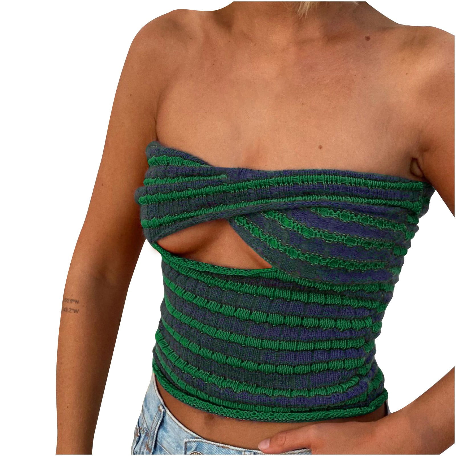 Ganfancp Women s Ladies Boobtube Tops Plus Size Tanks Camis Hollow Out Striped Tops Breast Wrap Sexy Sleeveless Beautiful Back Knitted Vest Tops Top Green Going Out Oktoberfest Shirt Best Fr38044