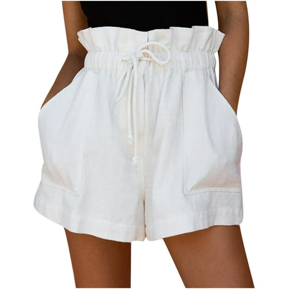Ganfancp Women's Summer Shorts Cotton Linen Elastic Waist Shorts Solid Color Shorts with Pocket, Sizes S-3XL