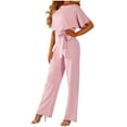 thumbnail image 1 of Ganfancp Womens Rompers and Jumpsuits Womens One Piece Jumpsuit Outfit Fashion Womens Rounk Neck Solid Summer Bandag Short Sleeve Pants Jumpsuit Pink L, 1 of 6