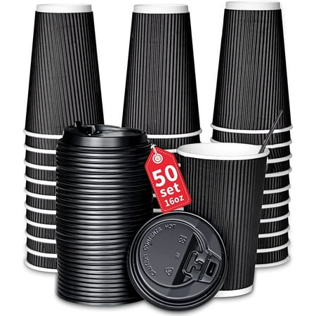 Ganfaner 50pk 16oz Disposable Paper Coffee Cup w/ Lids Stirs, No Sleeve Needed Insulated Double-Wall Paper Cup, Anti-Slip Perfect for Hot Cold Drinks Tea Chocolate Water To Go Travel Party