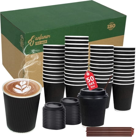 Ganfaner 50pk 8oz Disposable Paper Coffee Cups with Lids Stirs, No Sleeve Needed 3-layer Insulated Heat Resistant Paper Cups, Anti-Slip Perfect for Hot Cold Drinks Tea Chocolate To Go