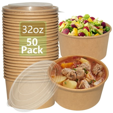 Ganfaner 50set-32oz Leakproof Kraft Paper Bowl w/ Snug Lid, Stack Microwave Freeze Safe, Unbleached Cardboard Meal Prep Food Container, Hot Cold To Go Restaurant