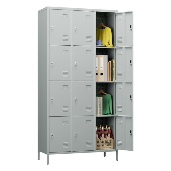 GangMei 12 Doors Metal Storage Locker Cabinet for Employees, Storage Locker for School Office Gym Bedroom, Industrial Steel Storage Locker with 12 Hooks, Assembly Required(Light Gray)