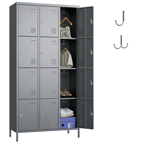 GangMei 12 Doors Metal Storage Locker Cabinet for Employees, Storage Lockers for School Office Gym Bedroom, Industrial Steel Storage Locker with 12 Hooks, Assembly Required(Dark Gray)