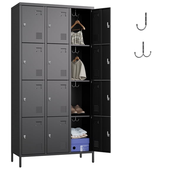 GangMei 12 Doors Metal Storage Locker Cabinet for Employees, Storage Lockers for School Office Gym Bedroom, Industrial Steel Storage Locker with 12 Hooks, Assembly Required(BLACK)