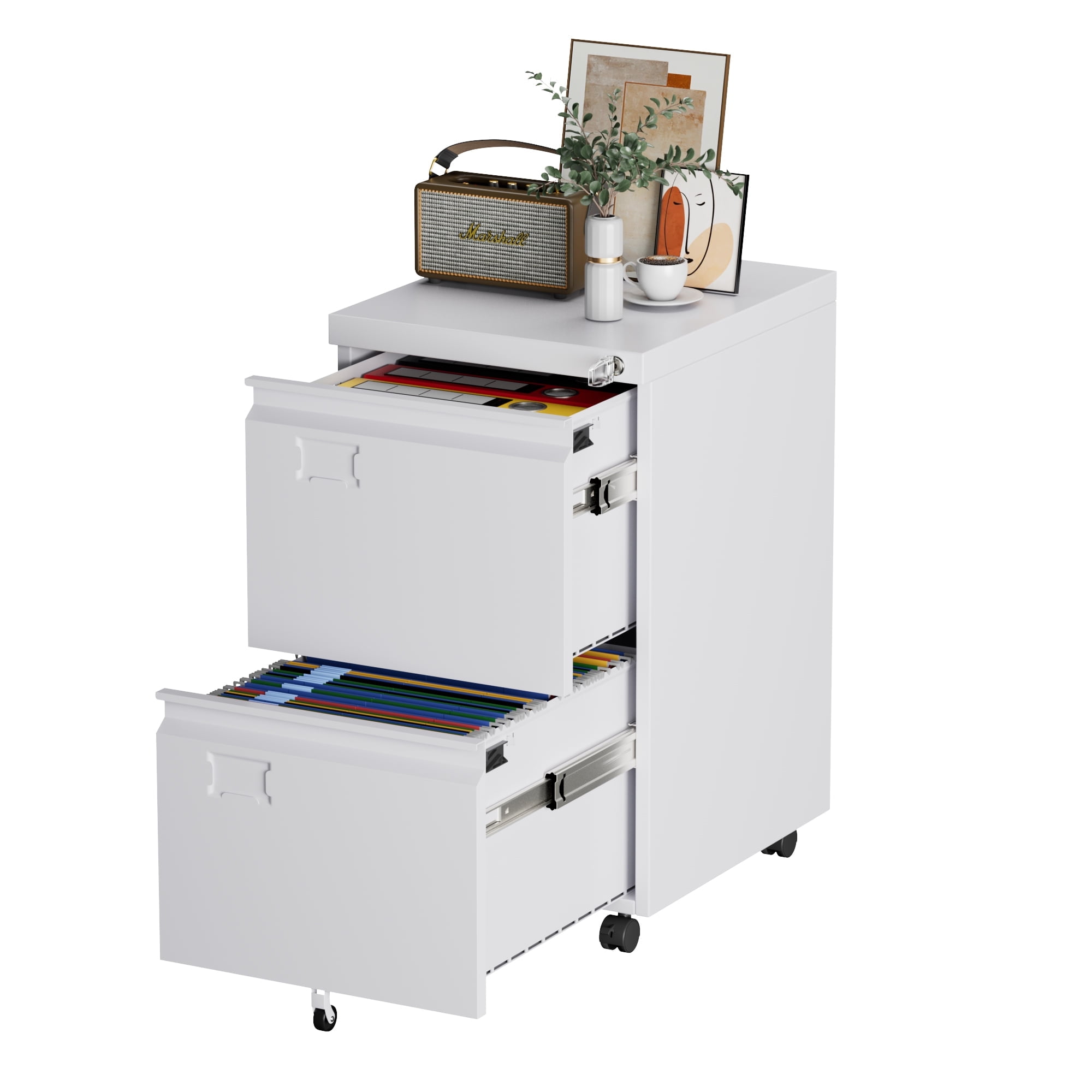 HUAXRON 2 Drawer Black Mobile File Cabinet with Lock, Under Desk Metal Movable Filing Cabinet, Lateral Storage Cabinet for Home Office, Assembly Required (White)