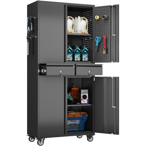 GangMei 2-Shelf 2-Drawer Freestanding Metal Garage Storage Cabinet with Wheels and Pegboards, Black(Assembly required)