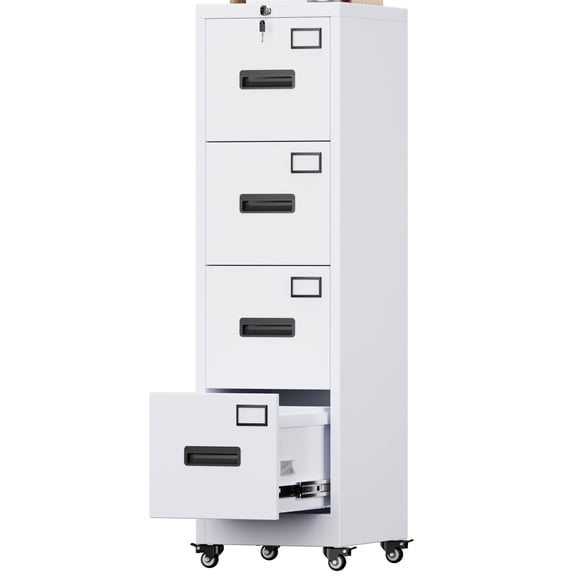 HUAXRON 4 Drawer Vertical File Cabinets with Wheels, Office Filing Cabinet with Lock, Metal Vertical File Storage Cabinet for A4 Letter/Legal Size, Assembly Required (White)