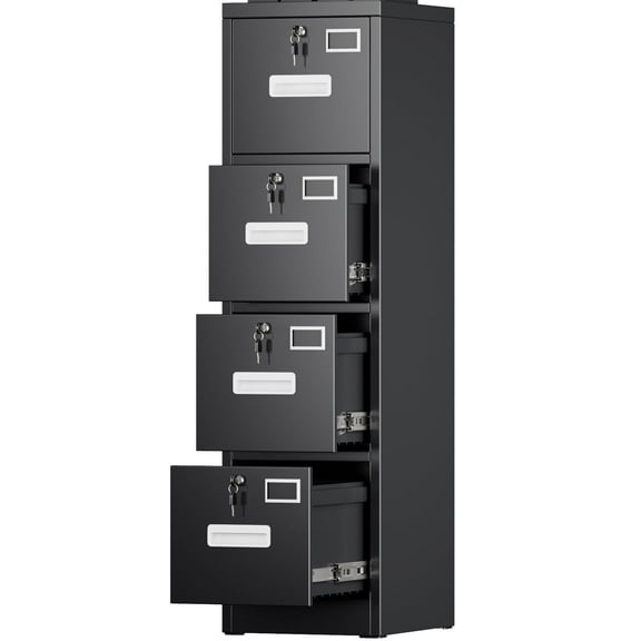 GangMei 4 Drawer Locking Metal Vertical File Cabinet with 4 Individual Locks and Hanging Folders for Office, School, Home, Assemble Required (Black)