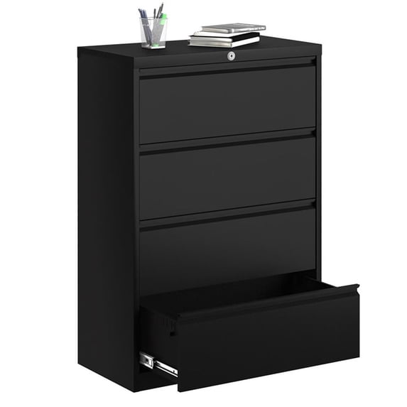 GangMei 4-Drawer Steel Metal Lateral Filing Cabinet with Lock in Black