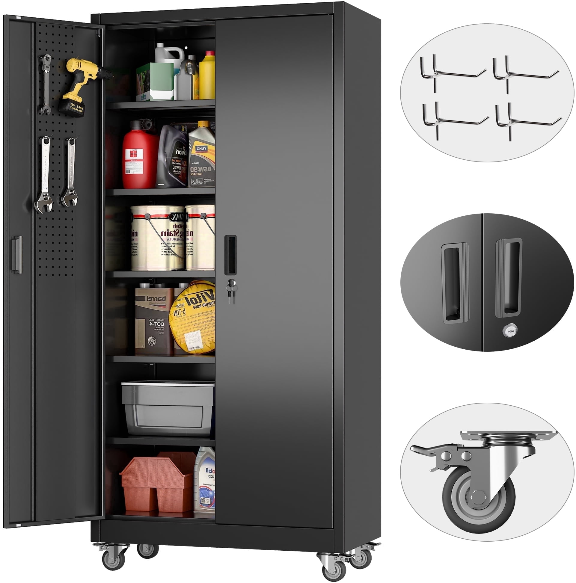 HUAXRON 71 inches Tall Metal Rolling Garage Storage Cabinets with Locking Doors and 5 Adjustable Shelves, Metal Storage Cabinet for Garage, Office, Home, Classroom, Assemble Required(Black)