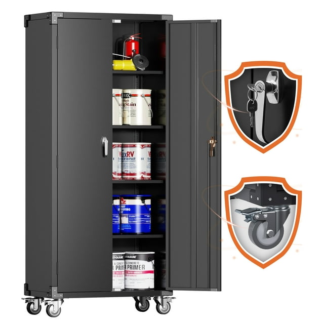 GangMei 72 in Metal Garage Storage Cabinets with Wheels, Black Tall ...