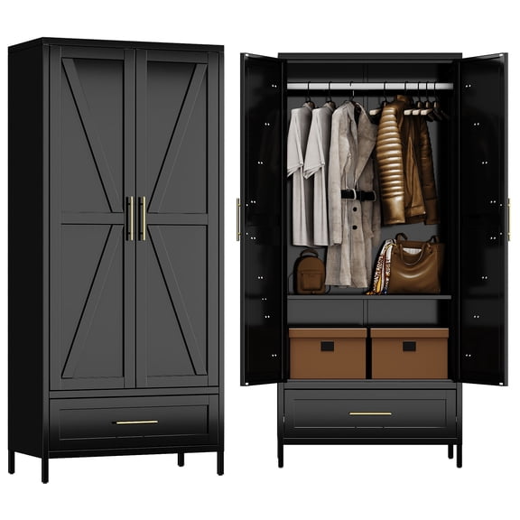 HUAXRON 71 Inches Tall Metal Garage Storage Cabinets with One Drawer, Large Steel Cabinet with Hanger Rod and Adjustable Shelf for Living Room,Office,School,Gym,Garage,(Black)