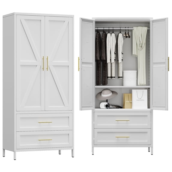 HUAXRON 71'' Metal Garage Storage Cabinet Locker with 2 Drawers, Large Steel Cabinet with Hanger Rod and Adjustable Shelf for Living Room,Office,School,Gym,Garage,(White)