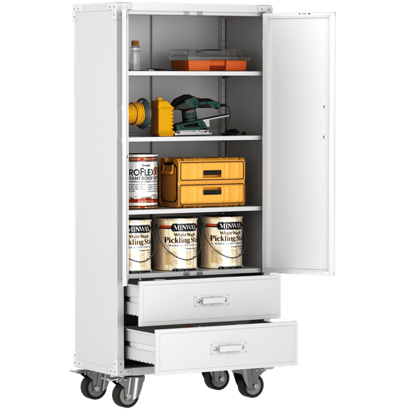 HUAXRON 72'' Metal Rolling Garage Storage Cabinets with Two Drawers, 16.5'' Width Large Steel Utility Toolchest with Locking Doors for Office, Home, Garage, Assemble Required(White)