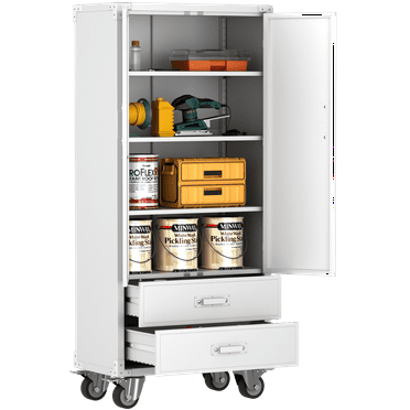GangMei 72'' Metal Rolling Garage Storage Cabinets with Two Drawers, 16.5'' Width Large Steel Utility Toolchest with Locking Doors for Office, Home, Garage, Assemble Required(White)