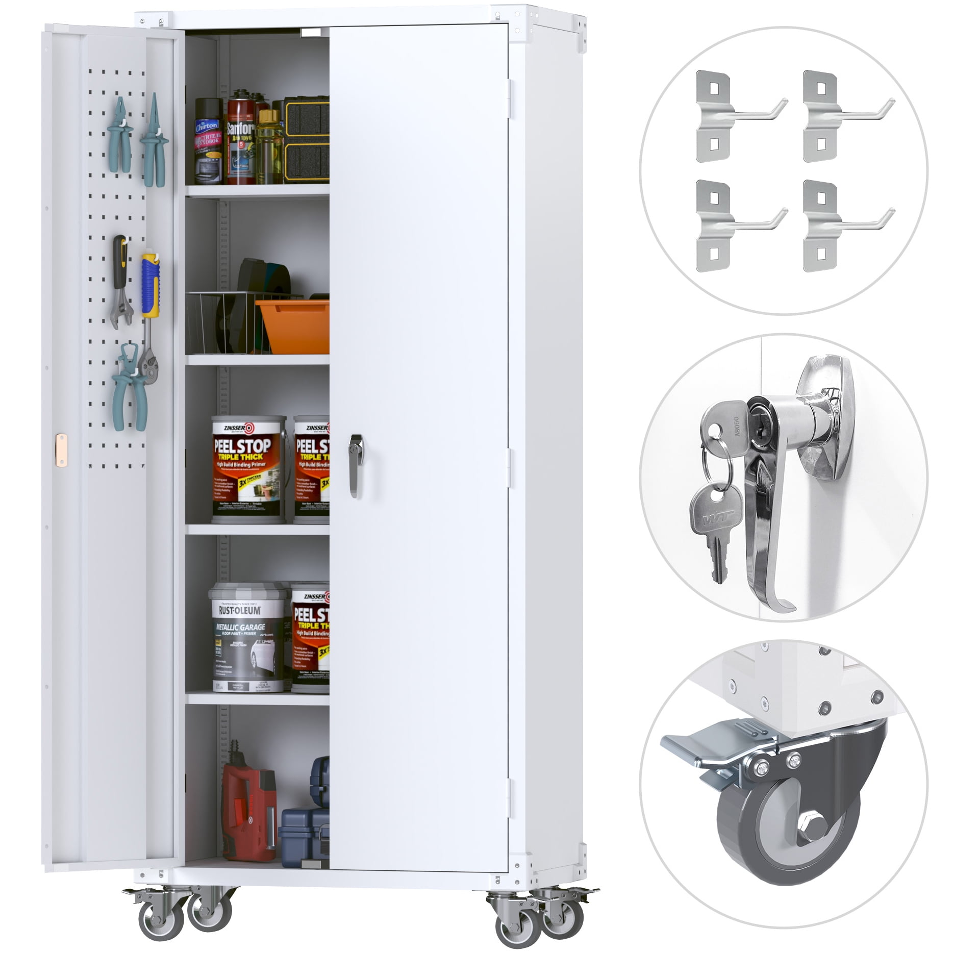 GangMei 72 in Metal Storage Cabinet with Wheels and Pegboard, Steel Garage  Cabinet with Lock, Rolling Tool Storage Cabinet with 4 Adjustable Shelves