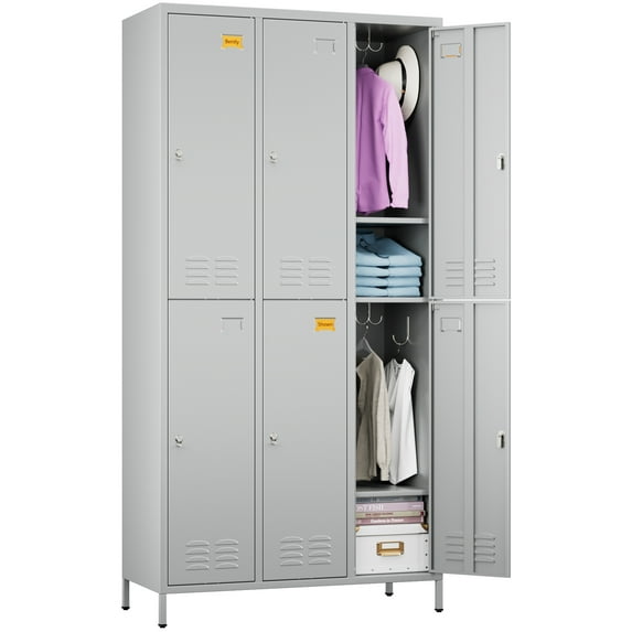 GangMei 72 inches Metal Storage Cabinet Locker for Employee, Steel Storage Wardrobe Cabinet with 6 Doors, Lockable Steel Locker for Home, Bedroom, Office, Gym, School(Light Gray)