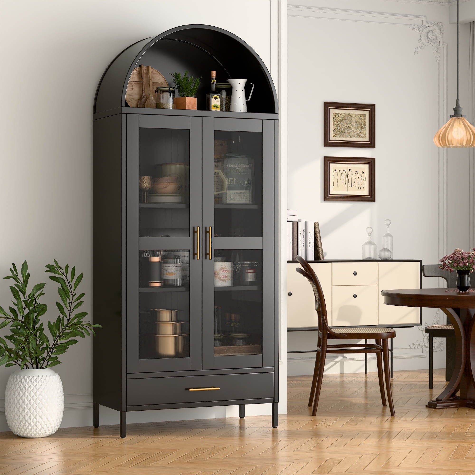 Walmart Deals of GangMei 73-Inch Tall Metal Arched Display Cabinet, Kitchen Pantry Cabinet with Glass Door, 1 Drawer, 2 Shelves for Living Room, Office, Assembly Required