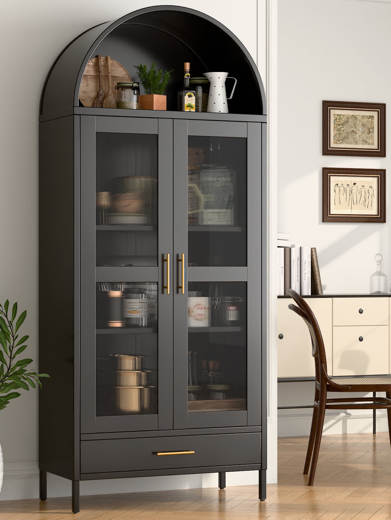 GangMei 73-inch Tall Metal Lockable Arched Display Cabinet, Pantry Cabinet with Glass Door, 1 Drawer, 2 Shelves for Living Room, Office, Assembly Required