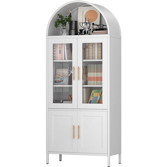 GangMei Modern Metal Arched Storage Cabinet Freestanding with Glass Doors 73 in White,Assembly Required