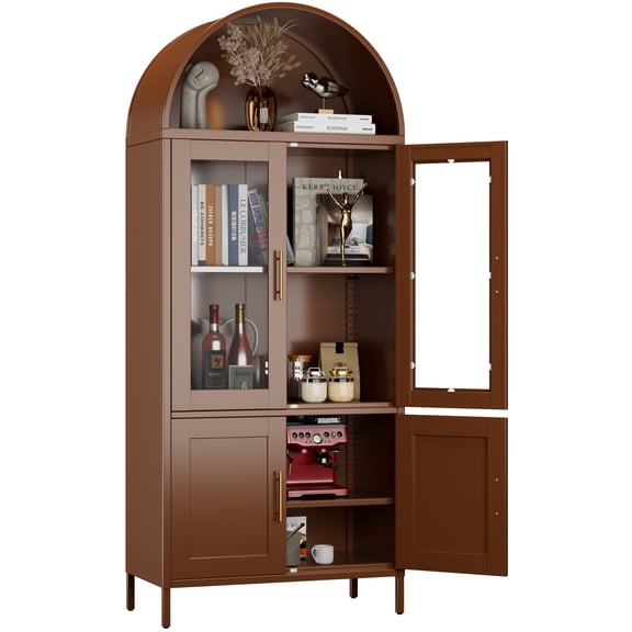 GangMei 73”Metal Arched Storage Cabinet, Arch Bookcase with Glass Doors, Modern Freestanding Kitchen Pantry Cabinet for Home Office Bar Living Room,Assembly Required,Brown