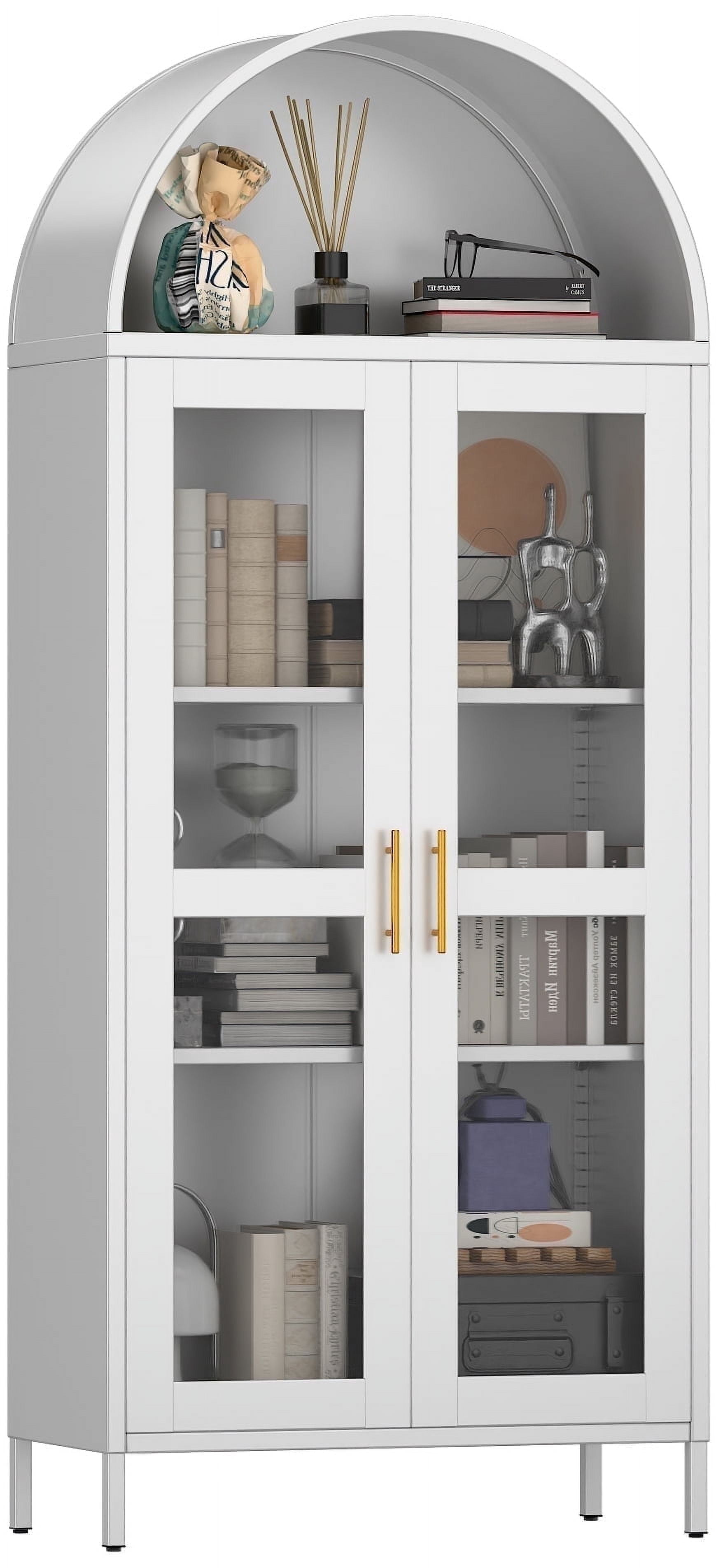 GangMei 73" Tall Metal Arched Cabinet, Kitchen Pantry Cabinet with Glass Door, Modern Farmhouse Display Cabinet with 2 Adjustable Shelves for Dining Room and Living Room, White, Assembly Required