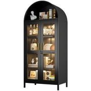 GangMei 73 Tall Metal Arched Display Cabinet with LED Light, China Curio Storage Cabinet with Glass Doors and Adjustable Shelves,Suitable for Dining Room, Home, Office, Assembly Required,Black
