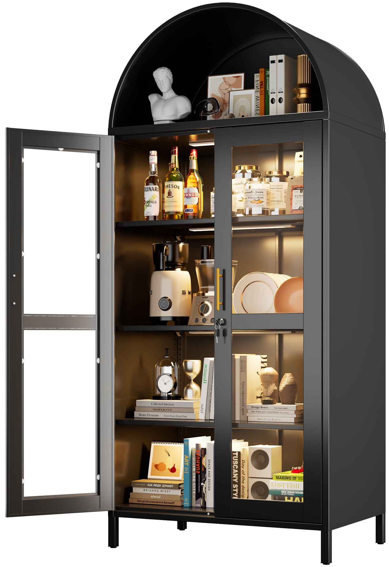 GangMei 78.8" H Metal Arched Display Cabinet with LED Light, Kitchen Curio Storage China Cabinet with Glass Doors and Adjustable Shelves,Suitable for Dining, Home, Office, Assembly Required,Black