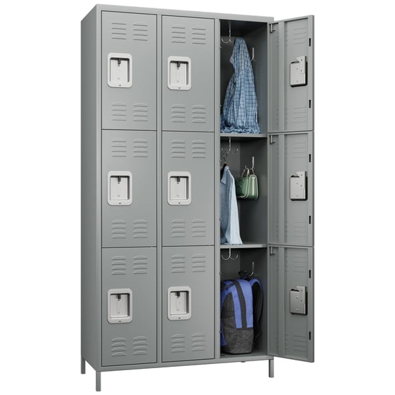 GangMei 9 Doors Metal Storage Locker Cabinet for Employees, Storage Locker for School Office Gym Bedroom, Industrial Steel Storage Locker with 18 Hooks, Assembly Required(Light Gray)