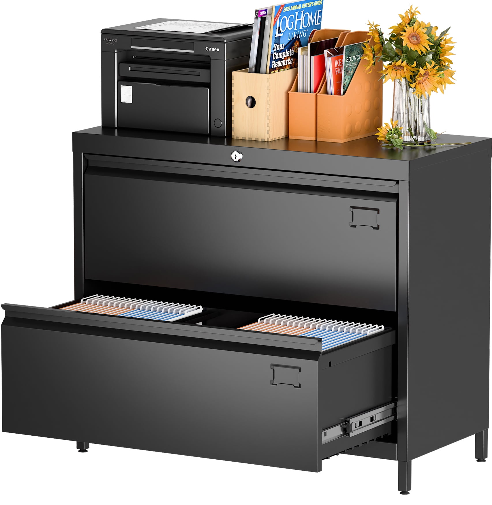 Walmart Saving of  GangMei Black Metal Lateral File Storage Cabinet with 2 Drawers, Wide Filing Cabinet for Home Office, Steel File Cabinet for Legal/Letter, Assembly Required, Black