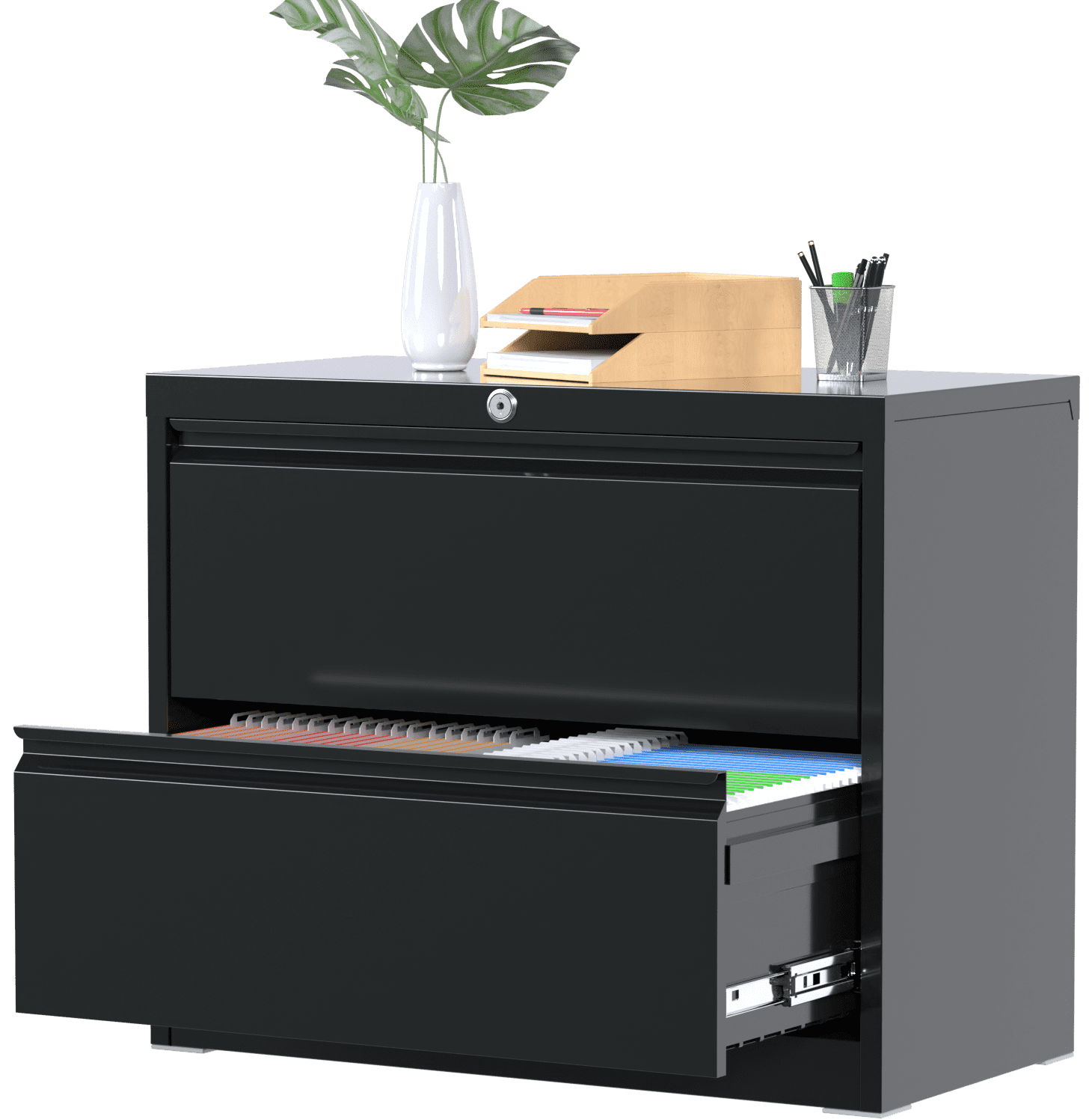 Black Metal 2-Drawer Lockable Lateral Filing Cabinet