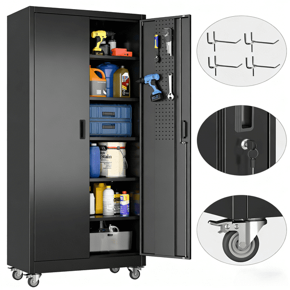 GangMei Metal Garage Storage Cabinet with 5 Shelves,72" H Top Mobile Freestanding Garage Cabinets with Pegboards,Assembly Required, Black