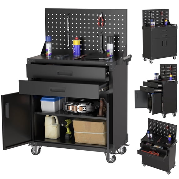 GangMei Metal Rolling Chest with Pegboard, Garage Storage Cabinet with Two Lockable Drawers, Multipurpose Workstation for Warehouse Workshop(Hooks included)