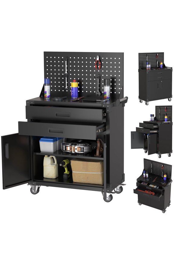 Metal Rolling Chest with Pegboard, Garage Storage Cabinet with Two Lockable Drawers, Multipurpose Workstation for Warehouse Workshop(Hooks included)