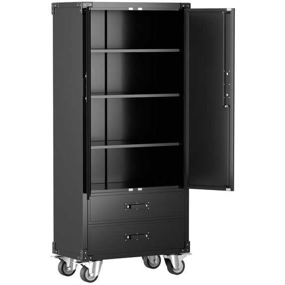 HUAXRON Metal Rolling Garage Cabinet, 72" Tall Industrial Storage Cabinet with Wheels and 2 Drawers, Utility Filing Cabinet for Garage, Tool House, Assemble Required (Handle)(Black)