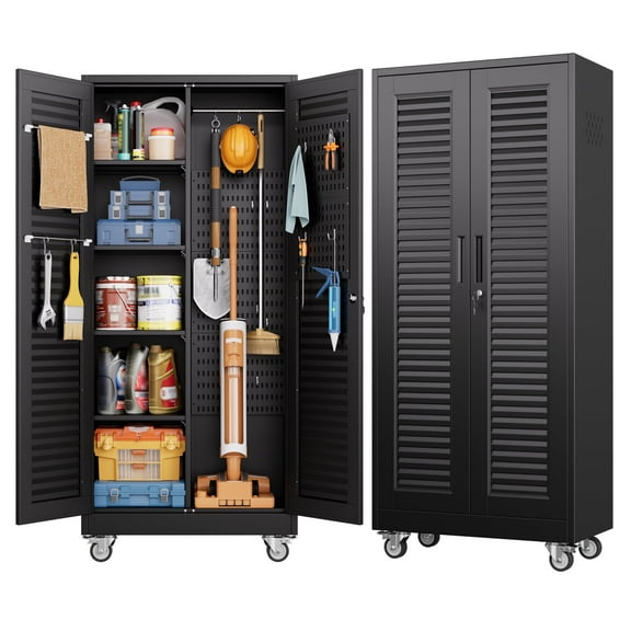 HUAXRON Mop and Broom Closet Storage Cabinet with Wheels and Pegboard,Metal Garage Storage Cabinet with Doors and Adjustable Shelves for Garage Home,Required Assembly,Black
