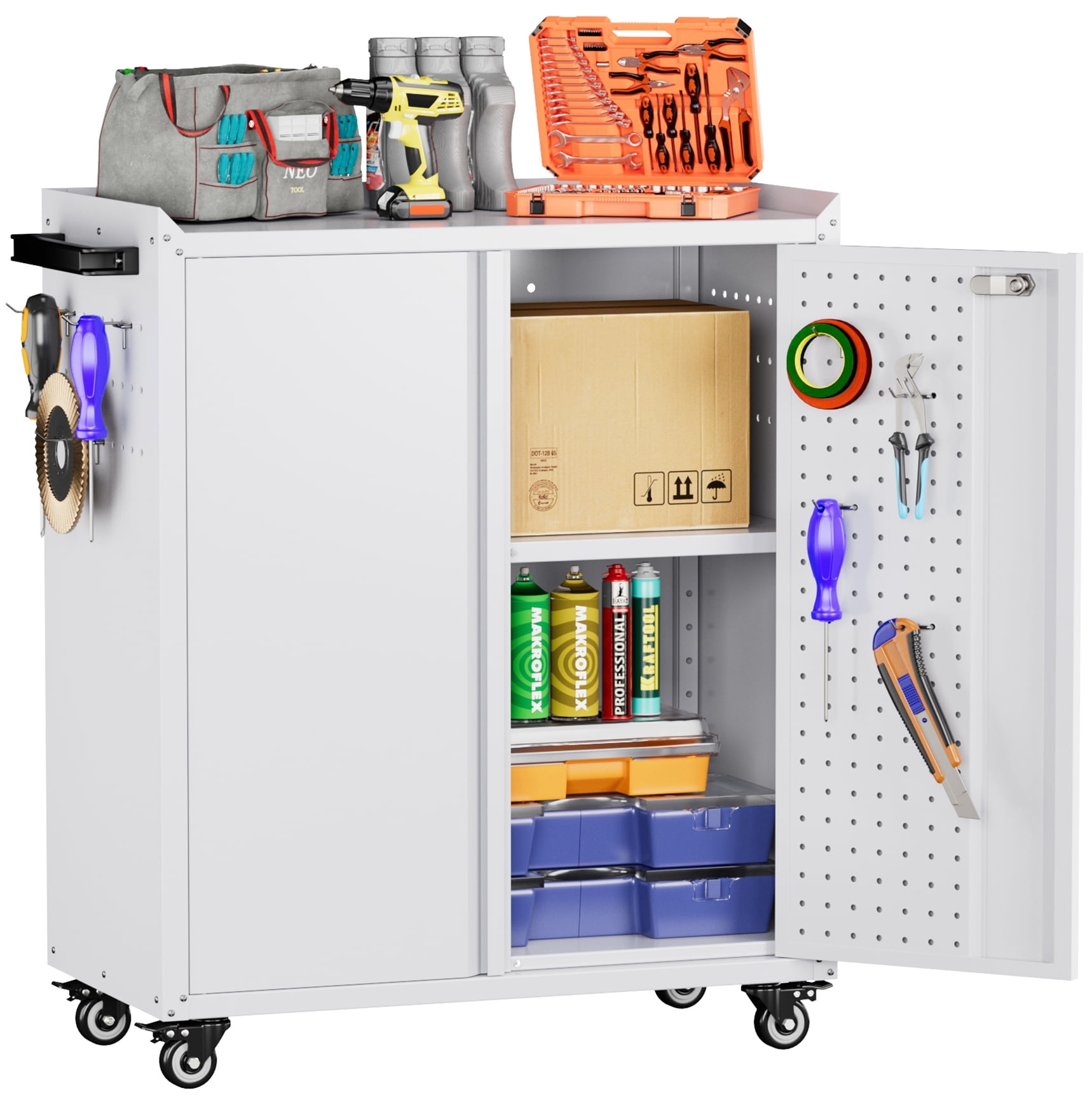 GangMei Metal Rolling Tool Chest, Garage Cabinet with Wheels, Mobile Storage Cabinet for Tools and Supplies,Tool Cart for Home, Garage, Assembly Required (Two Door Mobile Garage Cabinet, White)