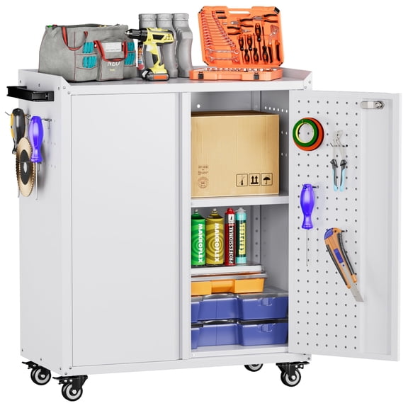 GangMei Metal Rolling Tool Chest, Garage Cabinet with Wheels, Mobile Storage Cabinet for Tools and Supplies,Tool Cart for Home, Garage, Assembly Required (Two Door Mobile Garage Cabinet, White)