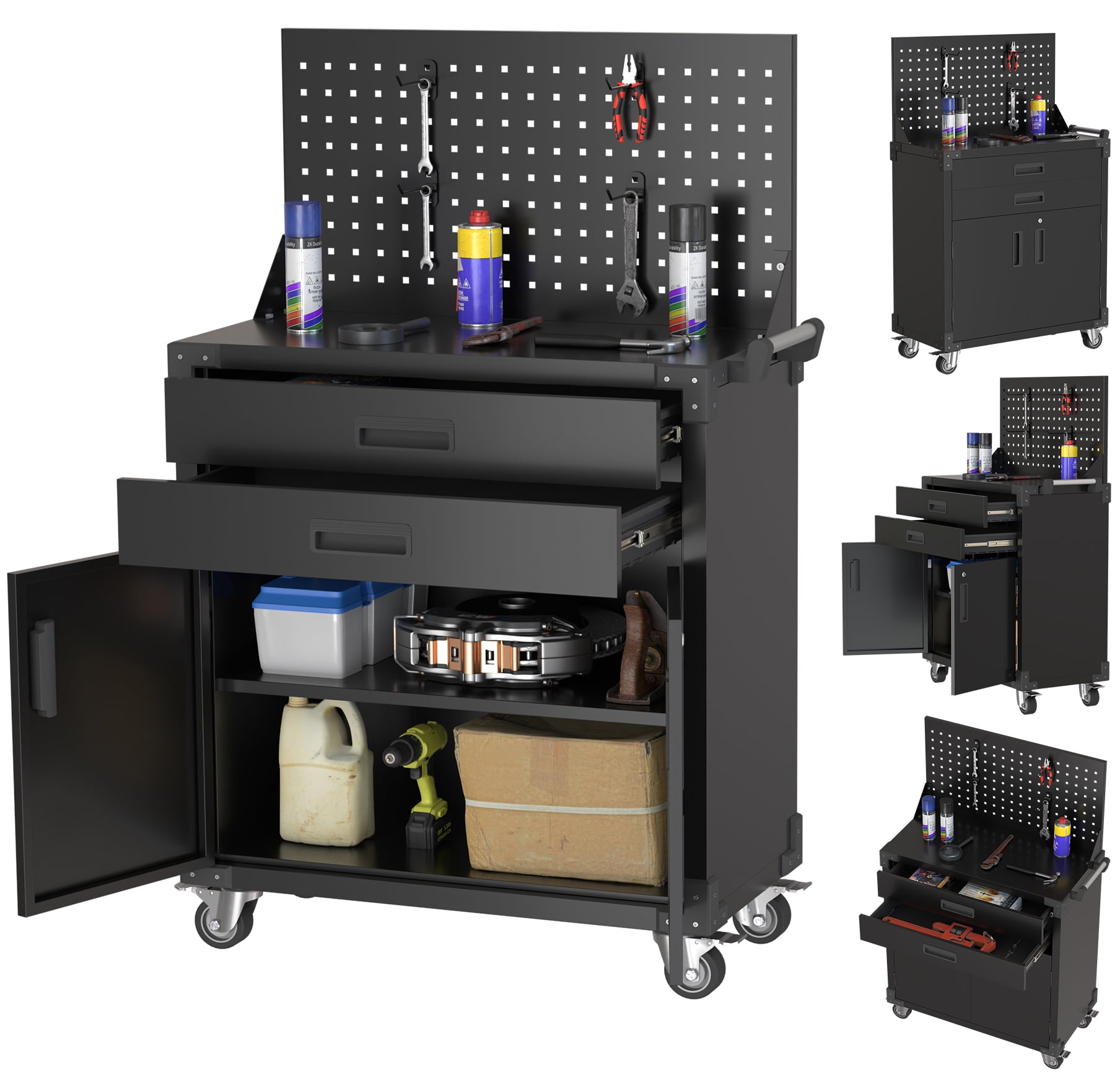 GangMei Metal Rolling Chest with Pegboard, Garage Storage Cabinet with ...